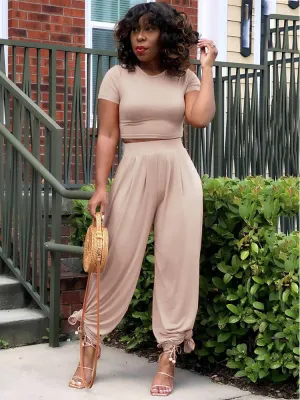 2 Piece Solid Color Short Sleeve Crop Top Wide Leg Pant Sets