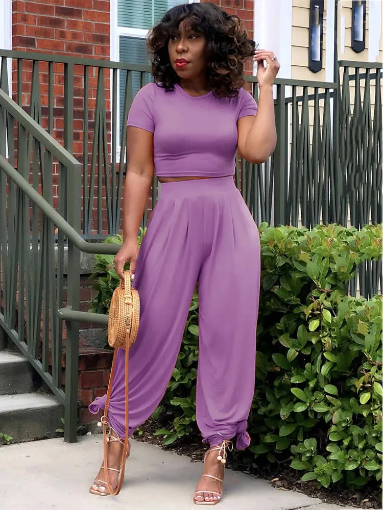 2 Piece Solid Color Short Sleeve Crop Top Wide Leg Pant Sets