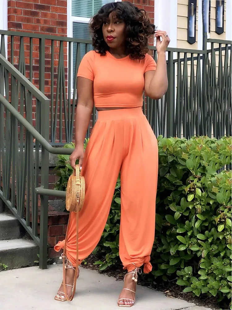2 Piece Solid Color Short Sleeve Crop Top Wide Leg Pant Sets