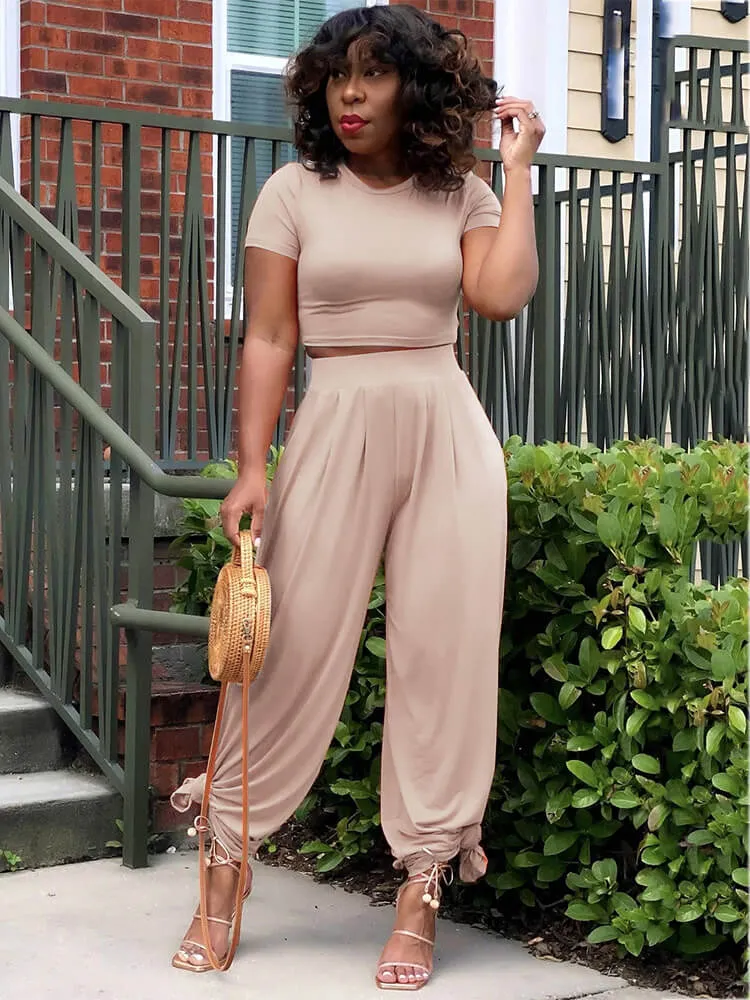 2 Piece Solid Color Short Sleeve Crop Top Wide Leg Pant Sets