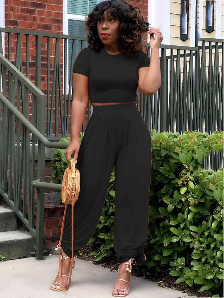 2 Piece Solid Color Short Sleeve Crop Top Wide Leg Pant Sets