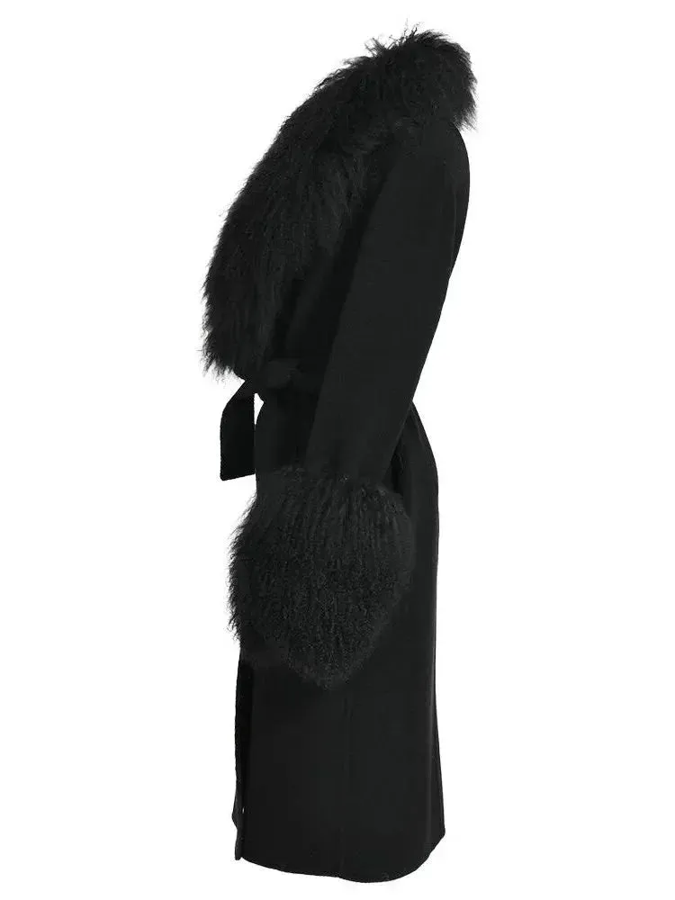 Belted Lambswool/Shearling Wool Cashmere Coat, Black