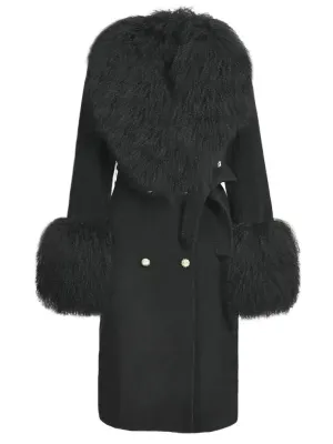 Belted Lambswool/Shearling Wool Cashmere Coat, Black