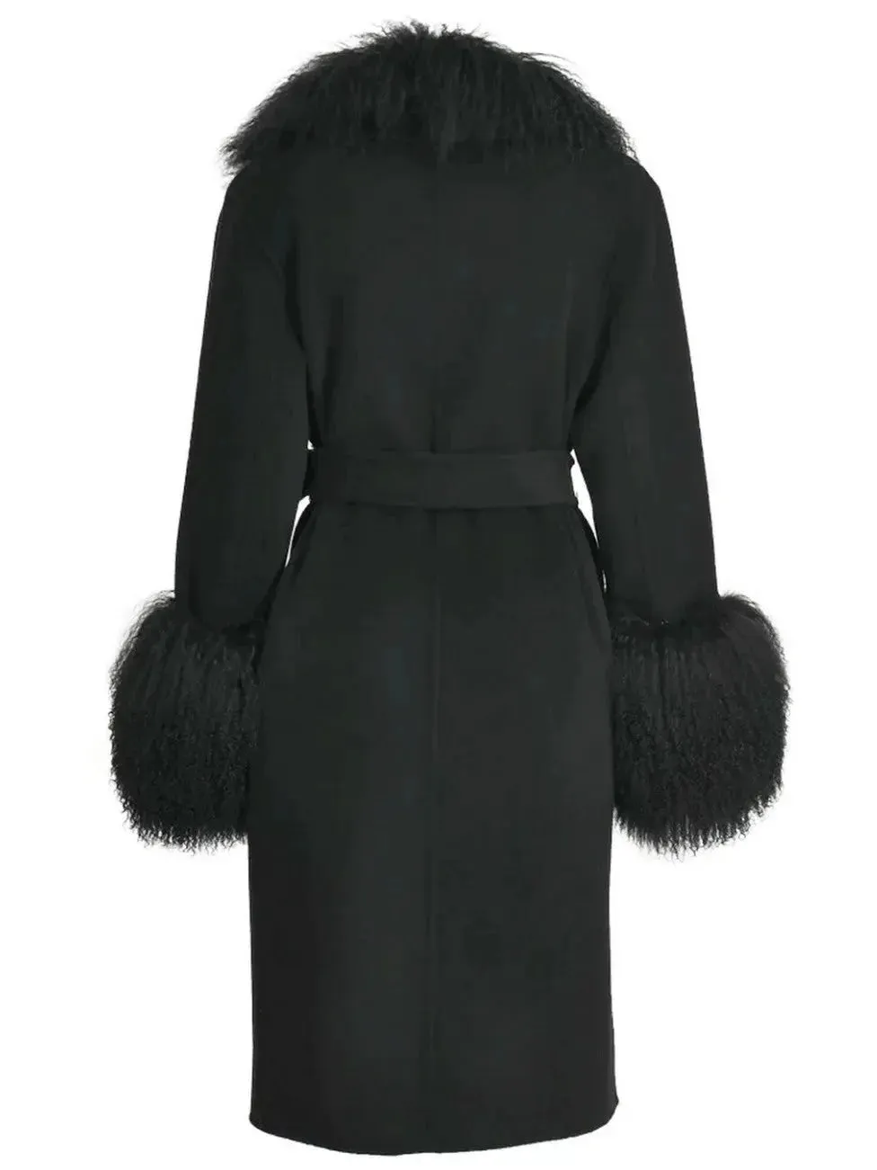 Belted Lambswool/Shearling Wool Cashmere Coat, Black