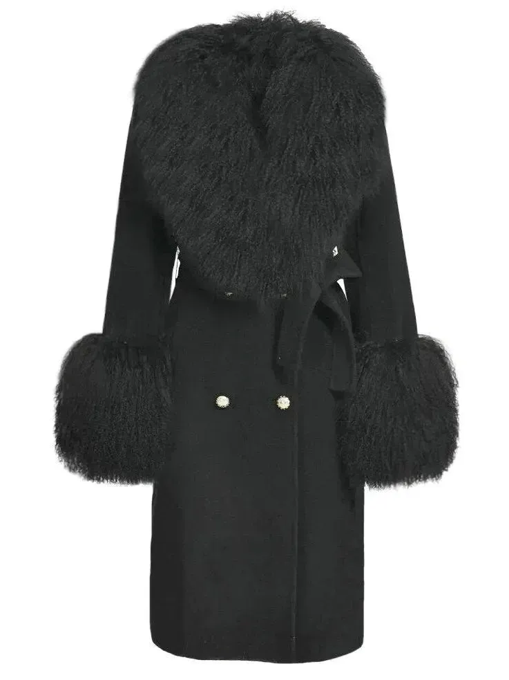 Belted Lambswool/Shearling Wool Cashmere Coat, Black