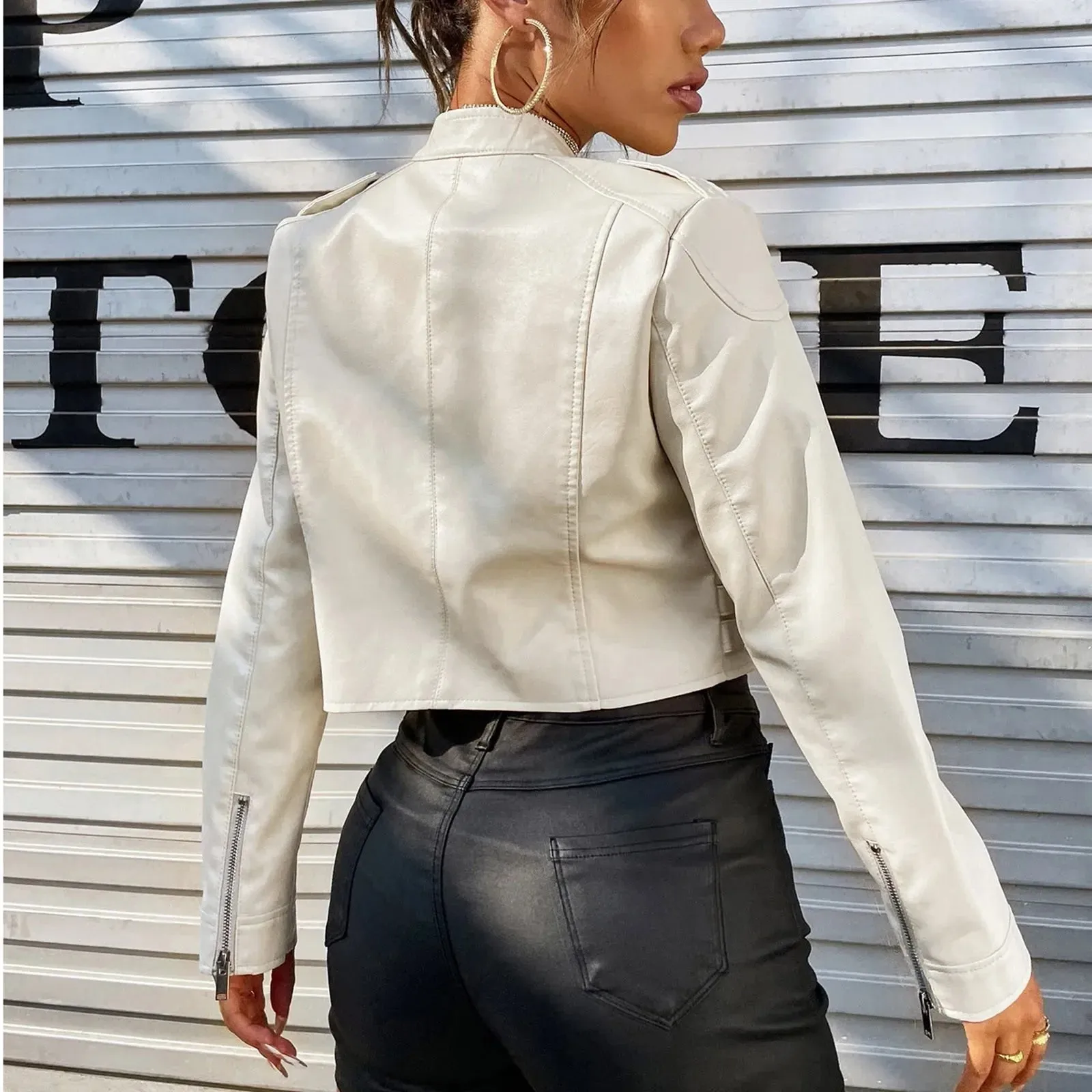 Women's Black Leather Zip Scrub Windbreaker Jacket