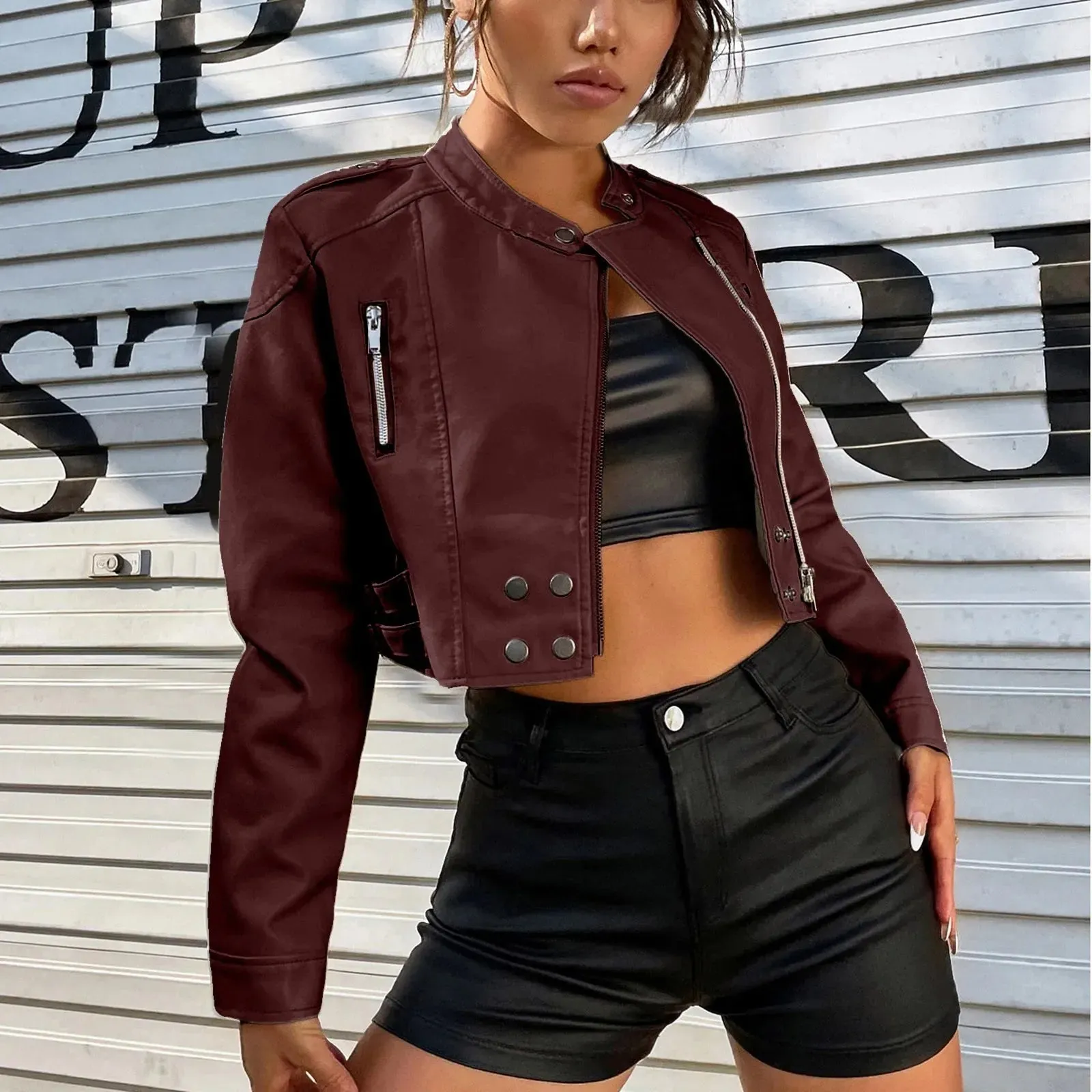 Women's Black Leather Zip Scrub Windbreaker Jacket