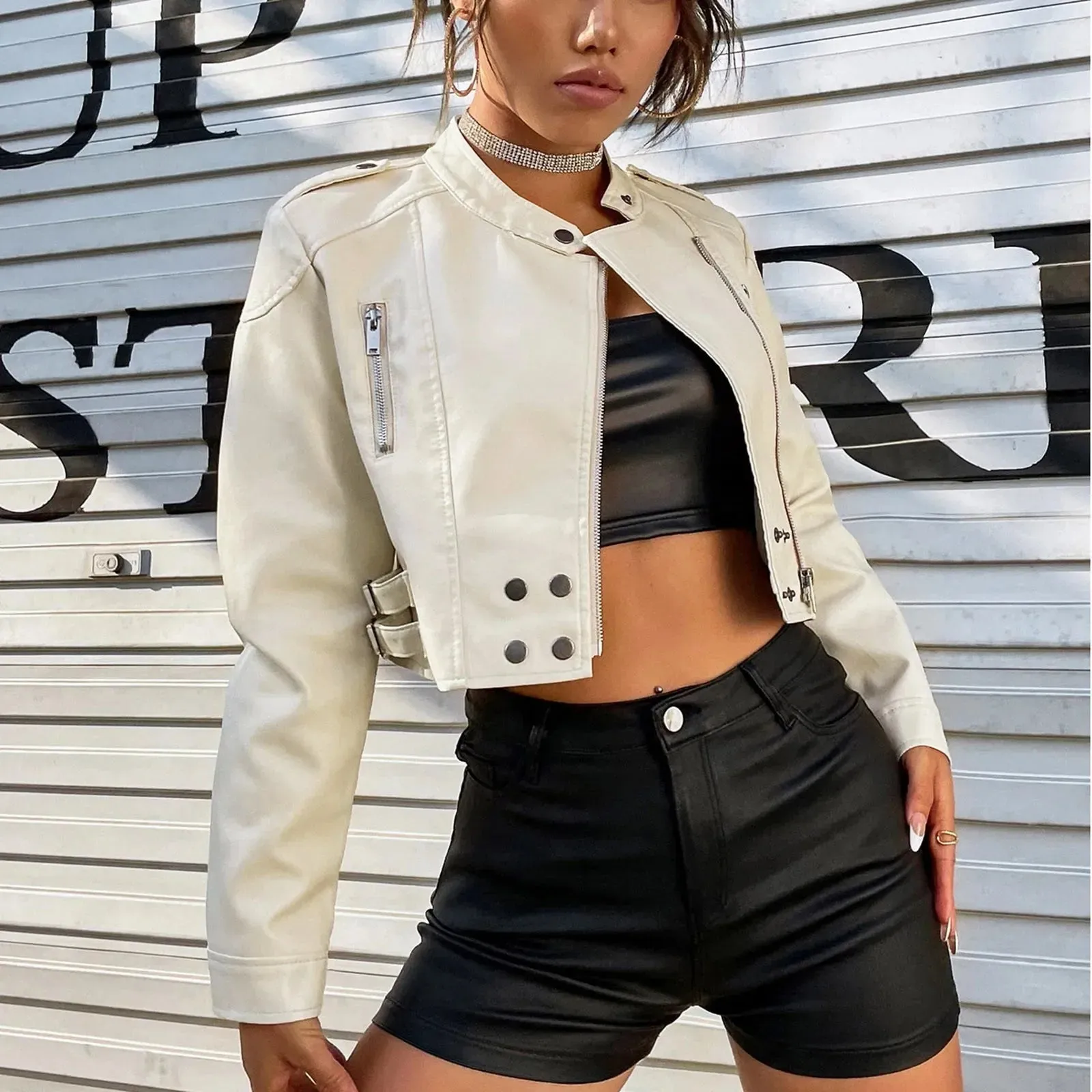Women's Black Leather Zip Scrub Windbreaker Jacket